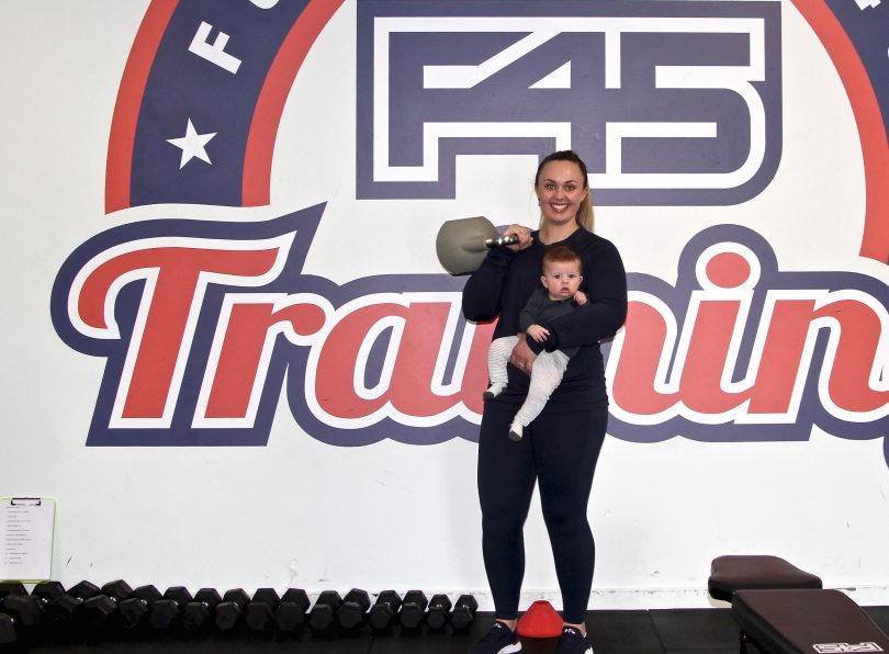 F45 Queanbeyan owner Pip De Vries and her son Remy at the gym