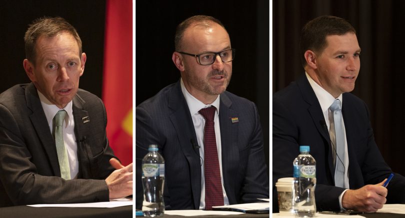 Shane Rattenbury, Andrew Barr and Alistair Coe at the ACTCOSS leaders debate in September 2020