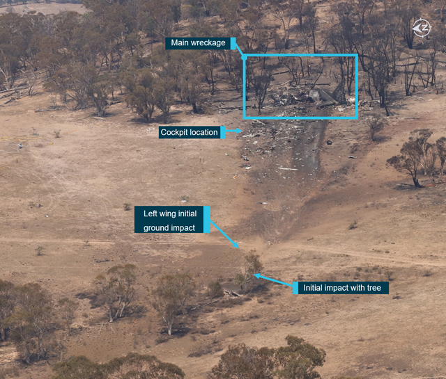 Accident site overview showing the wreckage trail