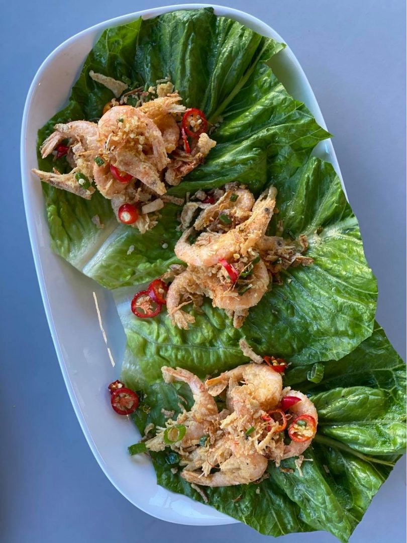 San Choy Bao with fried crispy fresh school prawns