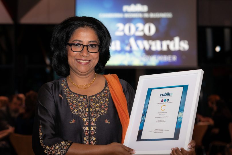 Sunita Kumar holding certificate at 2020 Canberra Women in Business Awards.