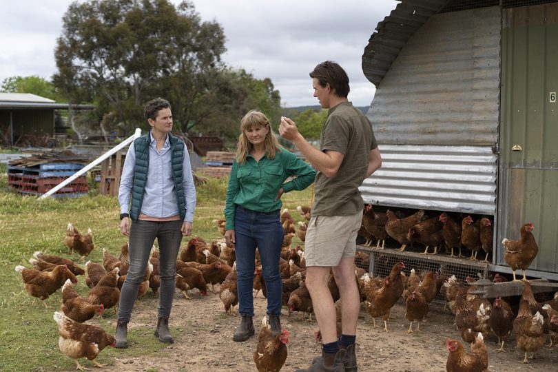 ACT Commissioner for Sustainability and the Environment Sophie Lewis discuss farming methods with Anne McGrath Fred McGrath Weber. 