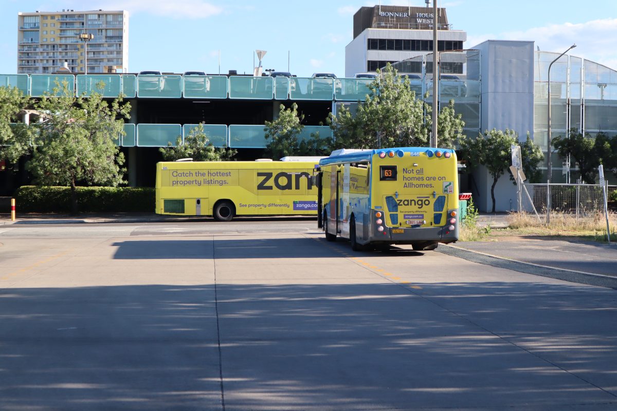 Zango Transport Canberra buses at Woden interchange Bonner House in background. Photo: David Murtagh.