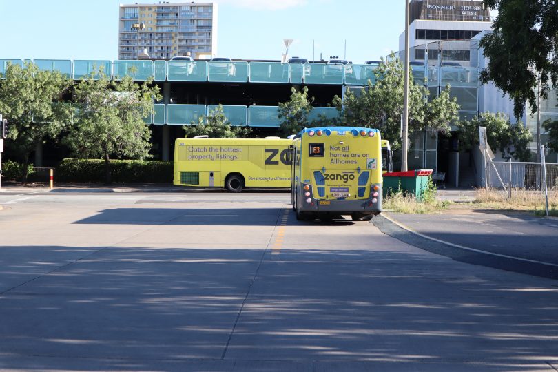 Zango Transport Canberra buses at Woden interchange Bonner House in background. Photo: David Murtagh.