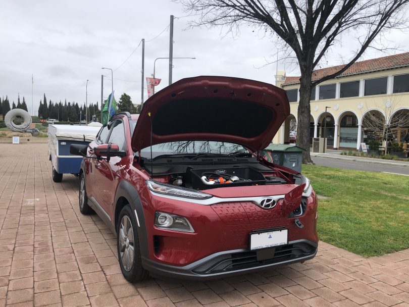 Hyundai Kona Electric with bonnet up.