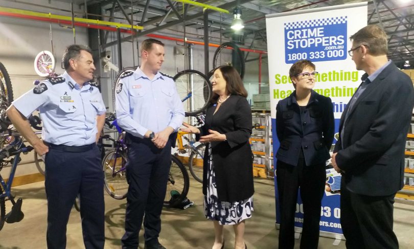 Members of ACT Policing, Crime Stoppers and Pedal Power at the launch of Bikelinc.