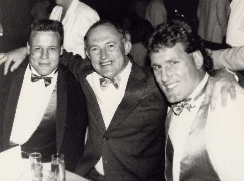 John Mackay with Raiders props Glenn Lazarus and Brent Todd. Photo: Supplied.