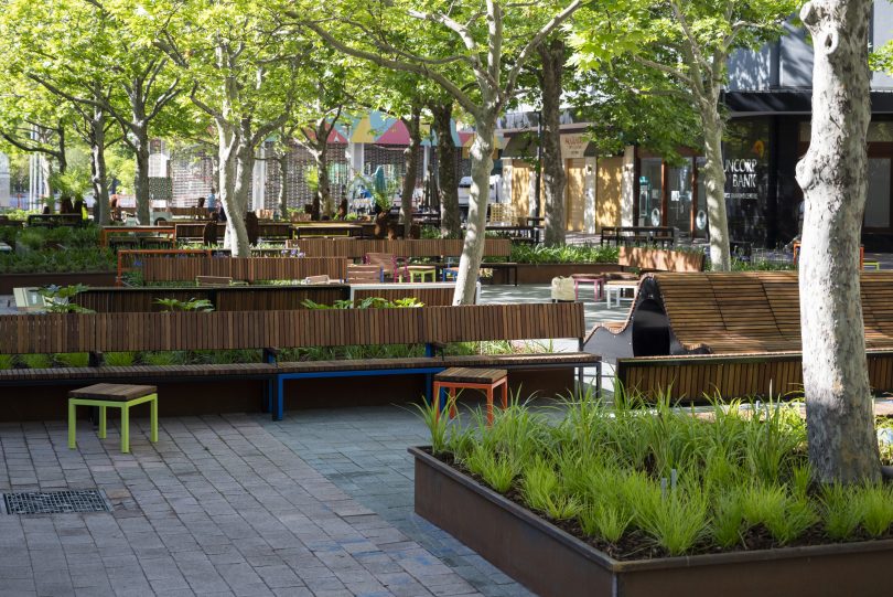 Trees, bench seating and stools in City Walk