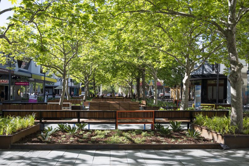 Upgraded City Walk with trees and bench seating
