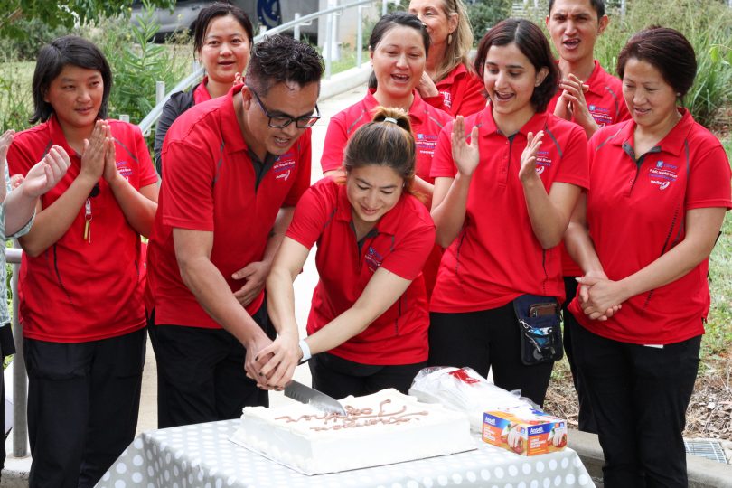 Workers celebrating