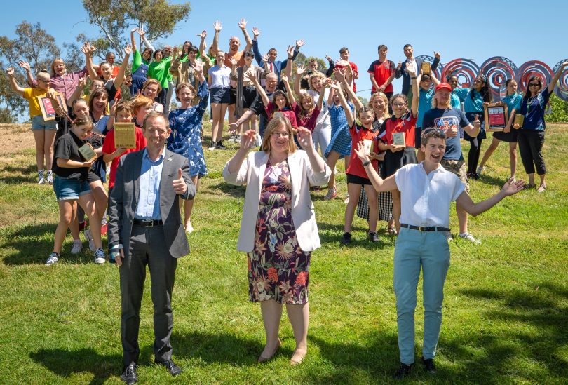 Shane Rattenbury, Suzanne Orr and Dr Sophie Lewis with sustainable school award winners.