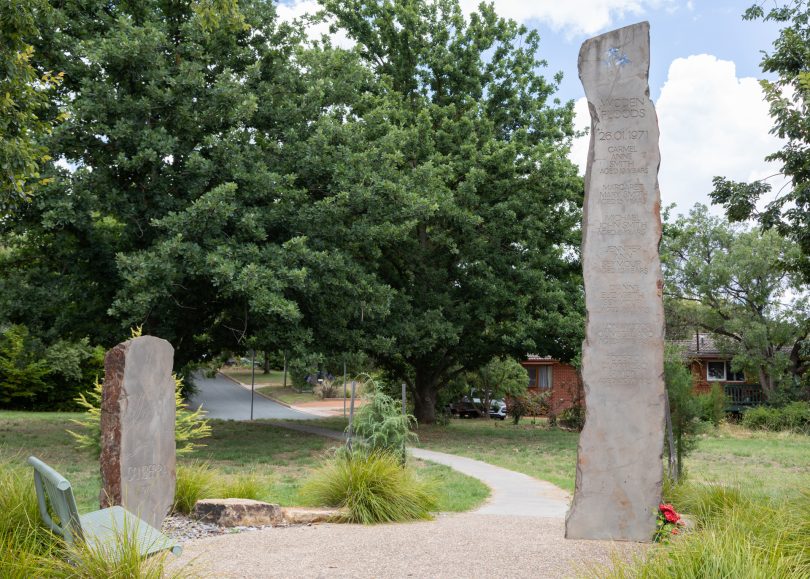 The memorial marking the Woden flood on 26 January 1971