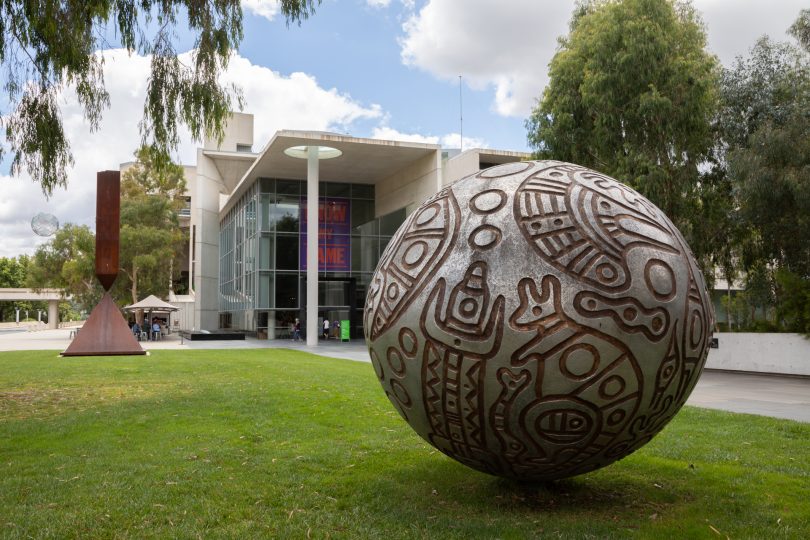 Spherical sculpture in front of the National Gallery of Australia