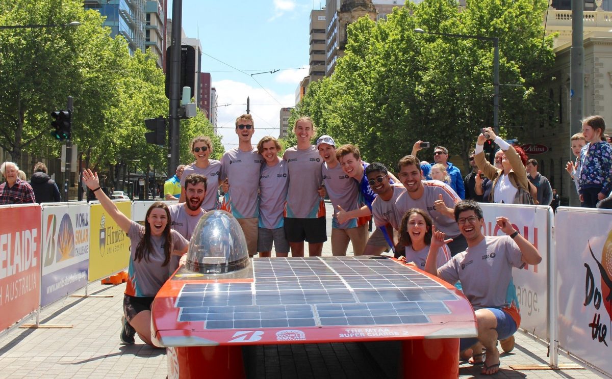 The ANU's solar racing team at the finish line of the last Bridgestone World Solar Challenge.