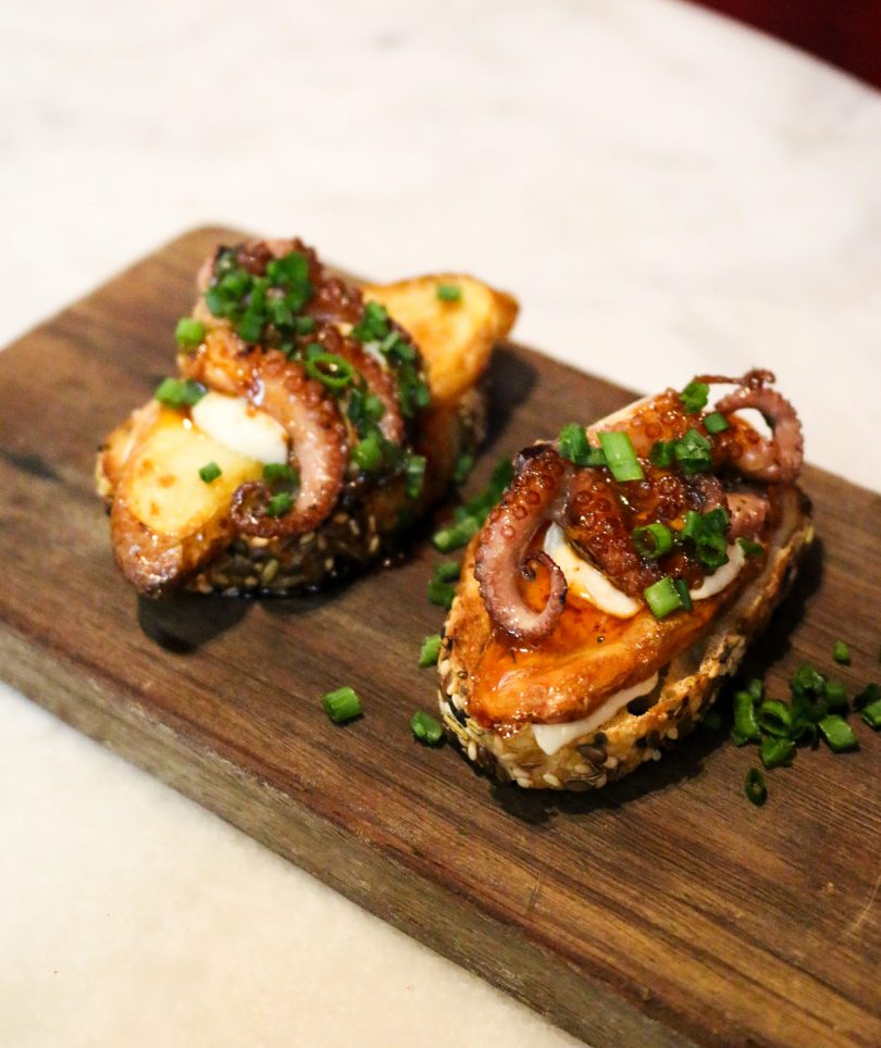 Char-grilled octopus pinchos