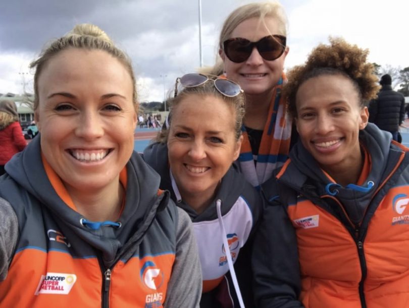 Giants netball players with Louise and Cathy Toze, NACT