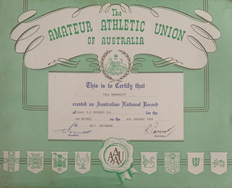 Certificate from the Amateur Athletic Unit of Australia 