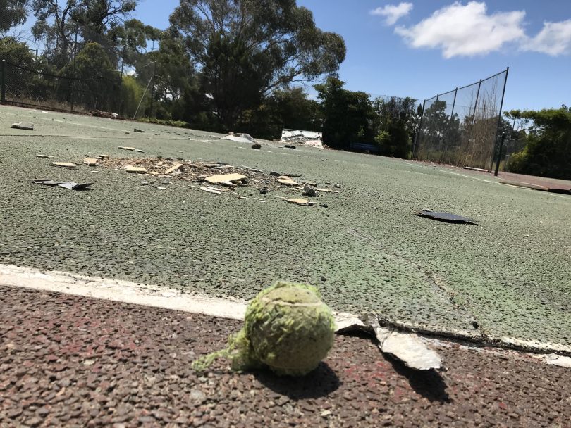 Old tennis ball on decaying court at Hawker Tennis Centre.