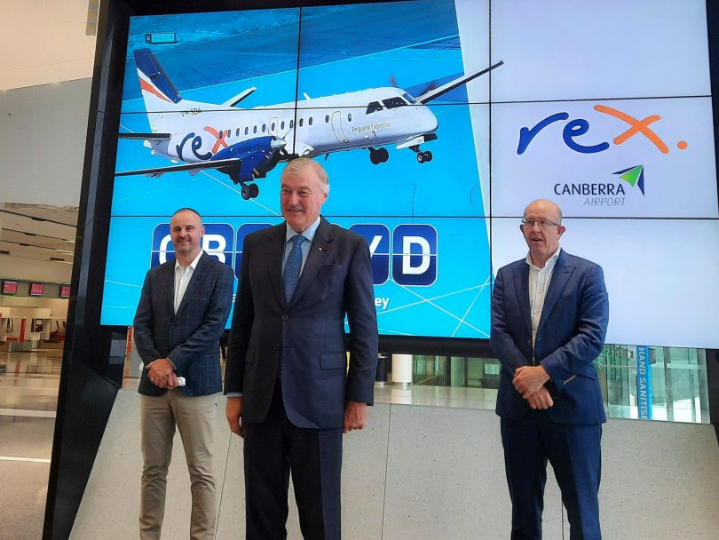 Andrew Barr, John Sharp and Stephen Byron at Canberra Airport.