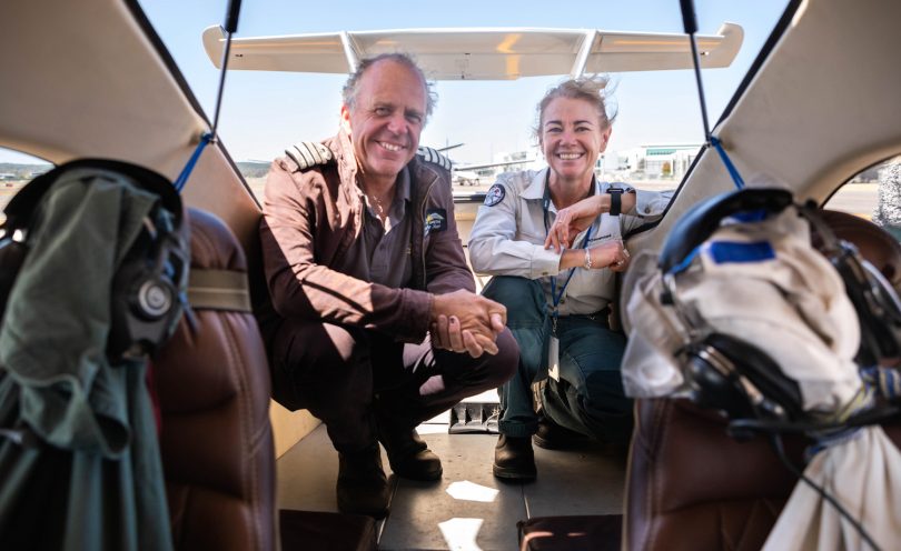 Dr Sarah May and pilot Michael Smith in aircraft.