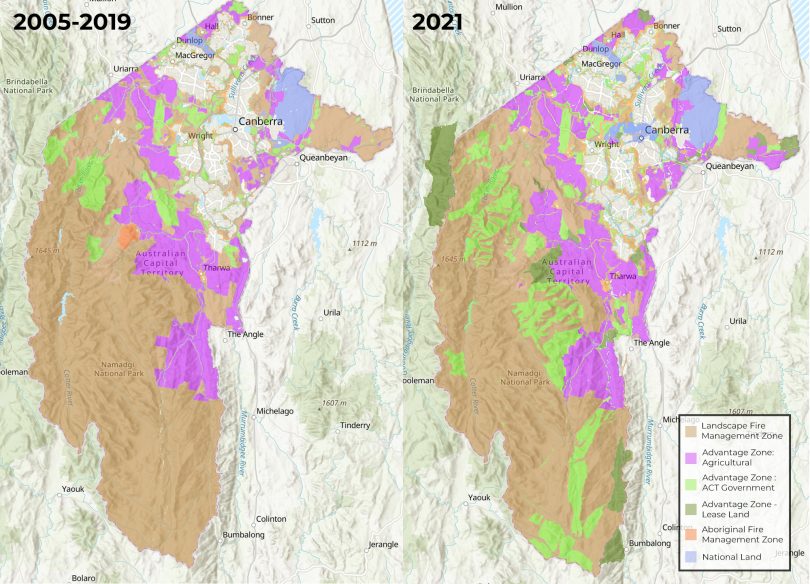 The previous and current bushfire management zone in the ACT.