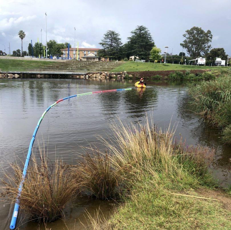 Queanbeyan SES volunteer in boat installing pool noodles across Queanbeyan River.