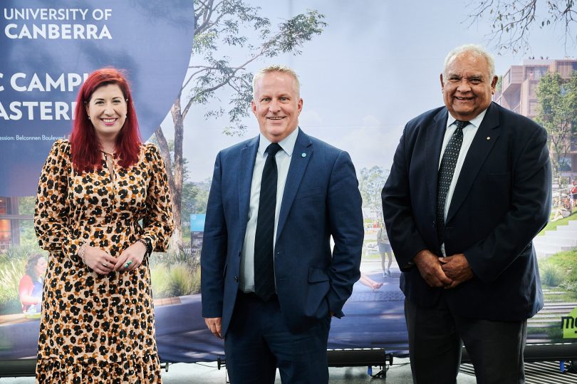 Minister Tara Cheyne, University of Canberra vice-chancellor Professor Paddy Nixon, and University of Canberra chancellor Professor Thomas Calma AO