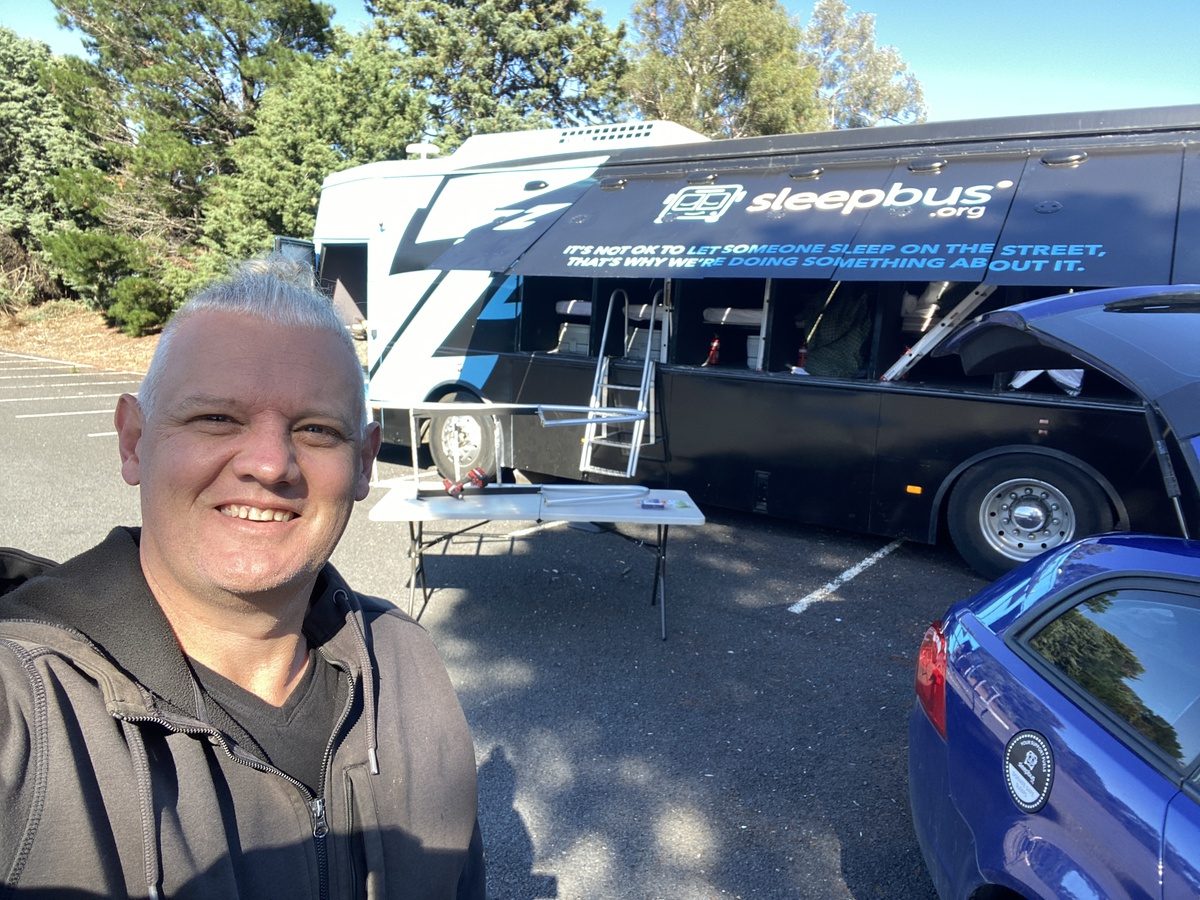 Sleepbus founder Simon Rowe during construction of the Queanbeyan Sleepbus.