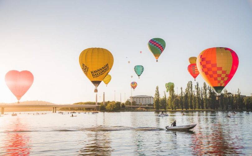 Hot air balloons above Lake Burley Griffin