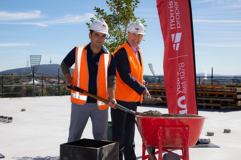 Barry Morris and Farzad Emami at topping out ceremony at Renaissance Manuka