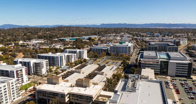 Aerial view of housing, apartments, Bunnings, Westfield