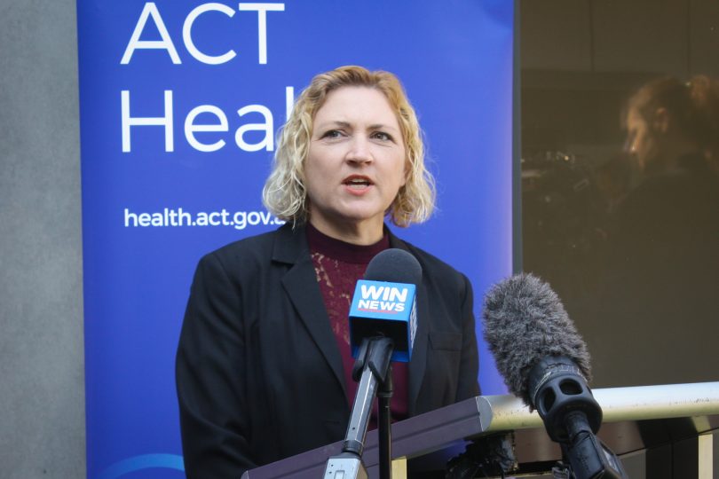 ACT Minister for Mental Health Emma Davidson speaking to media