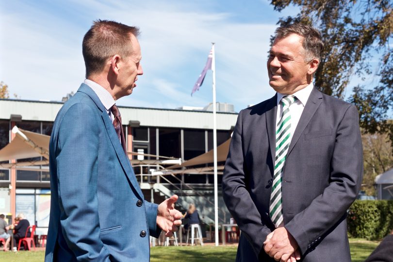 Minister for Gaming Shane Rattenbury and Southern Cross Club CEO Ian Mackay