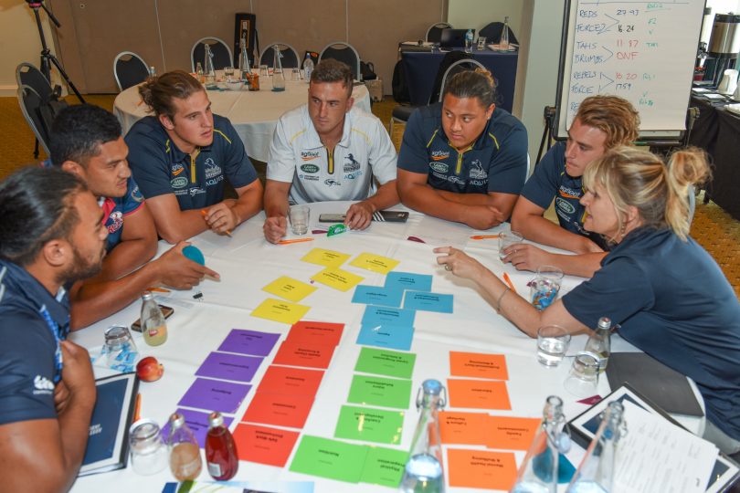 Robin Duff working with Brumbies players around table