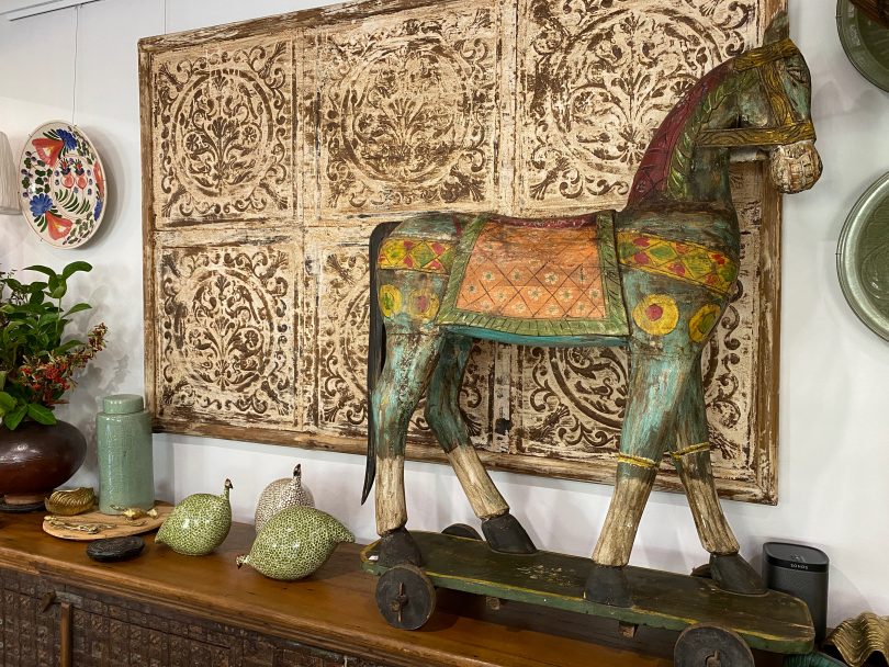 Teak horse on display at Merchant Campbell, Yass Valley