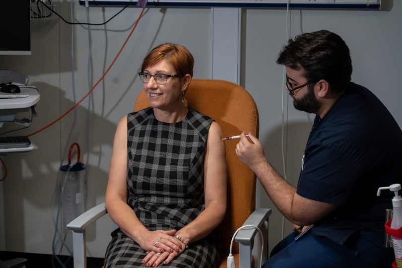 Rachel Stephen-Smith getting her COVID-19 vaccine