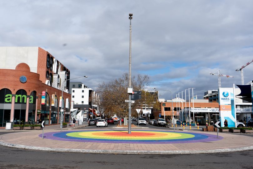 Rainbow coloured roundabout in Braddon