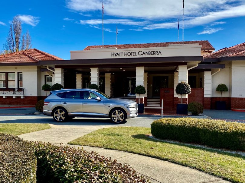 Genesis GV80 at front of Hyatt Hotel Canberra