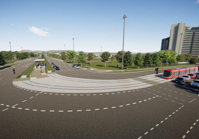 Artist's impression of light rail at the intersection of London Circuit and Commonwealth Avenue