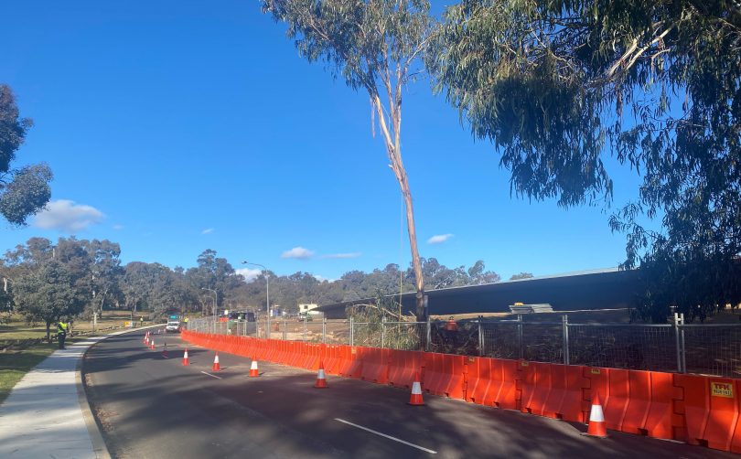 Traffic cones and barricades at site of work on road at Australian War Memorial