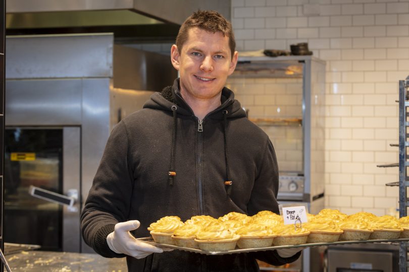 Andrew Leggett with tray of pies.