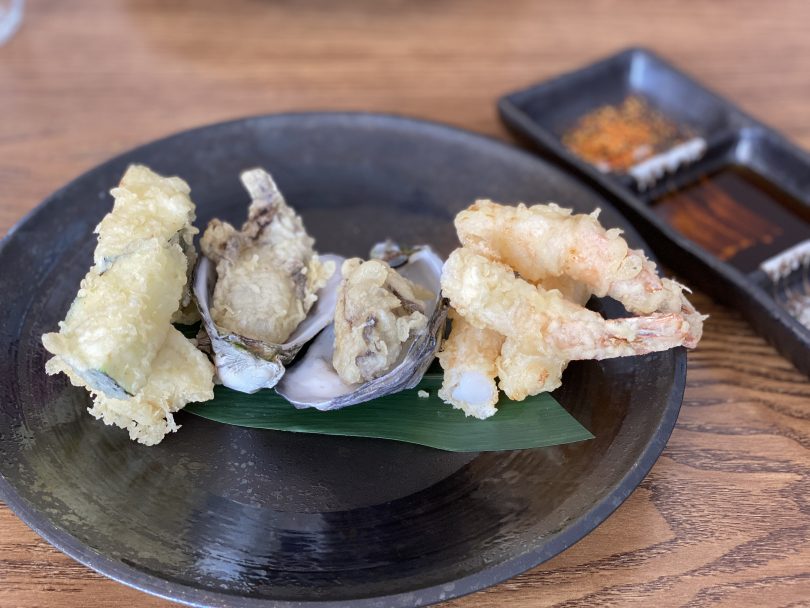 Oysters, prawns and eggplant