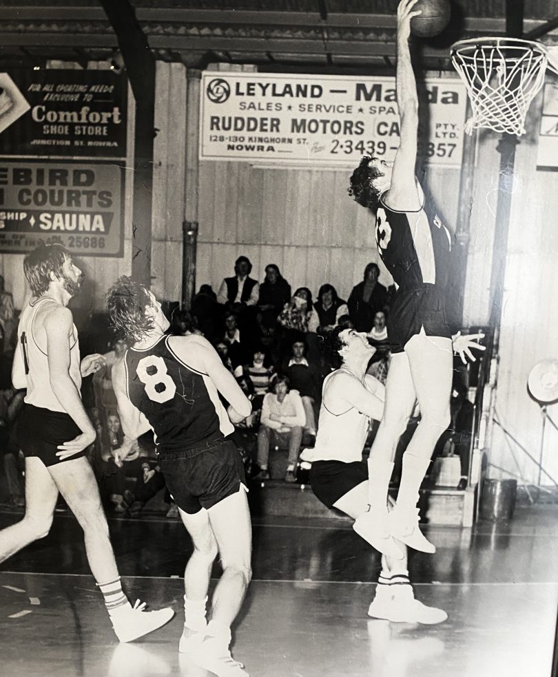 Phil Lynch dunking during basketball game for Shoalhaven Tigers in 1977