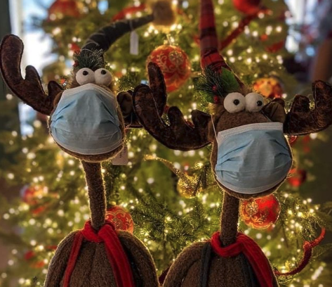 Two toy reindeer wearing masks