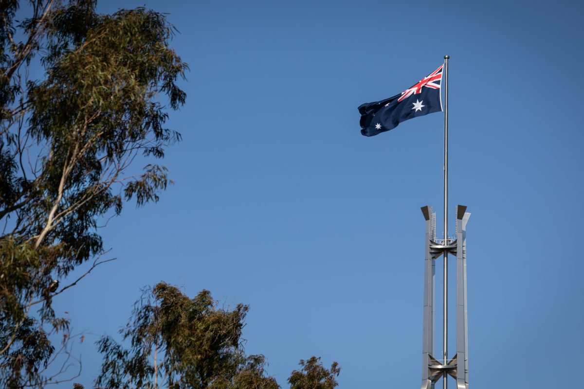 Flag and magpie at Australian Parliament House