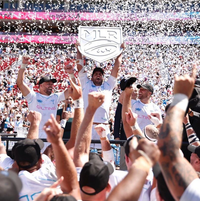 LA Giltinis rugby team celebrating with US Major League Rugby trophy