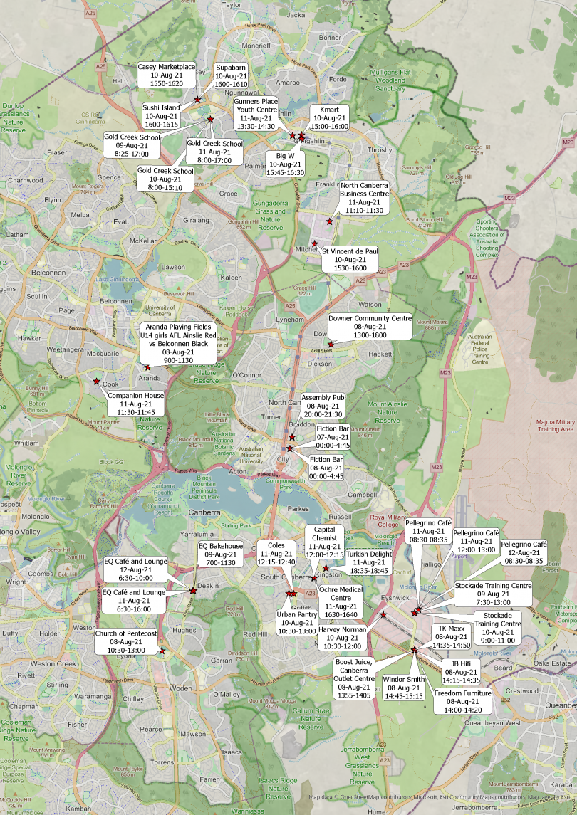 Canberra to go into a seven day lockdown after confirmed Covid case in the ACT Exposure-Sites-20210813-1900-e1628900050179-810x1145