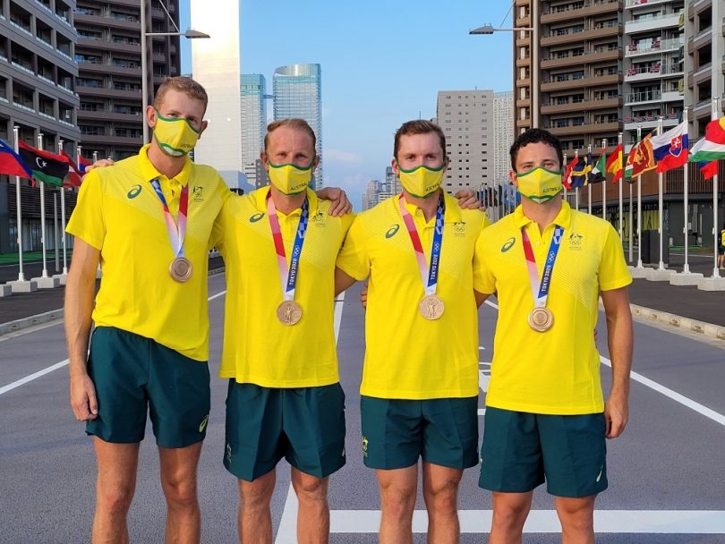 Luke Letcher, Cameron Girdlestone, Caleb Antill and Jack Cleary with bronze medals at Tokyo Olympics