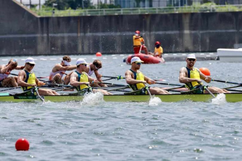 Luke Letcher, Cameron Girdlestone, Caleb Antill and Jack Cleary rowing at Tokyo Olympics