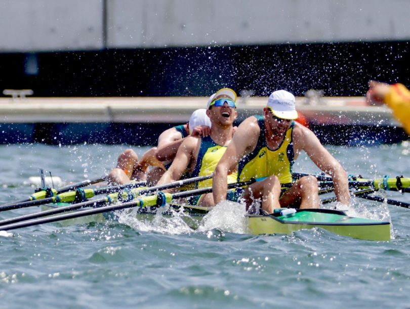 Australia's quadruple sculls rowing team celebrating winning bronze medal at Tokyo Olympics